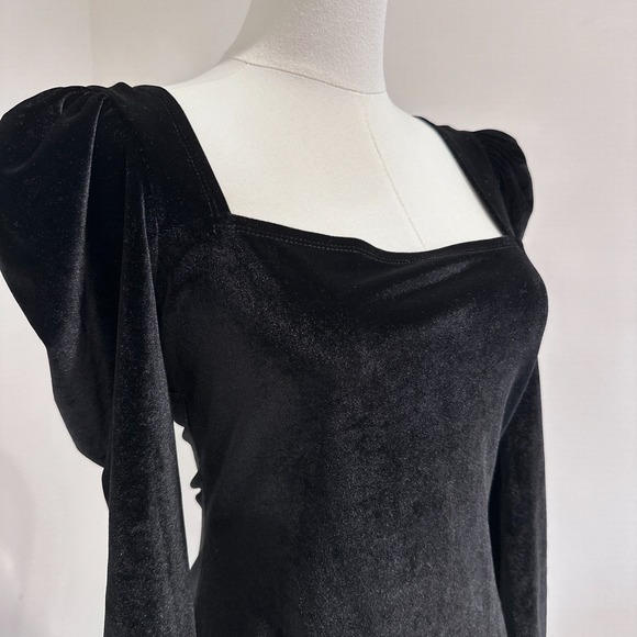 Reformation Lunar Dress Black Velvet Long Sleeve Mini Puff Sleeve | Size S - Picture 4 of 8